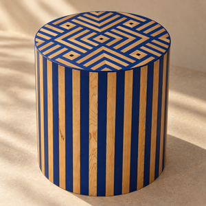 Table d'Appoint Cylindrique en Bois de Chêne et Laque Bleu Roi, Plateau Géométrique