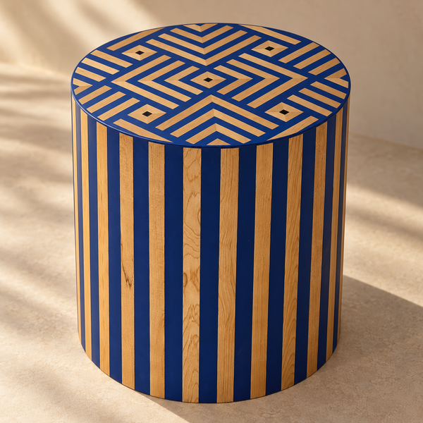 Table d'Appoint Cylindrique en Bois de Chêne et Laque Bleu Roi, Plateau Géométrique