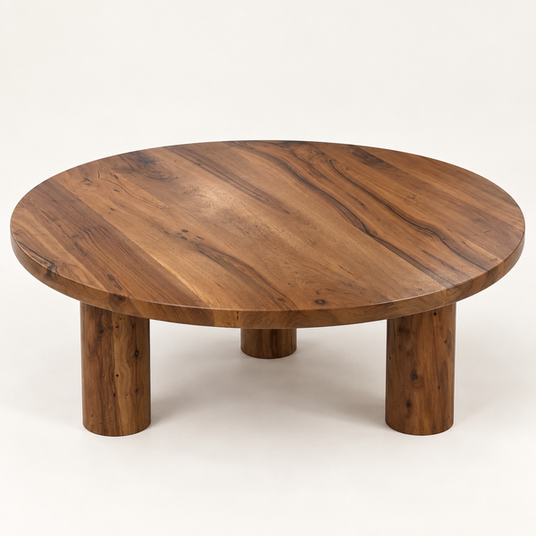 Table basse ronde en bois massif – Trois pieds cylindriques et plateau en noyer naturel