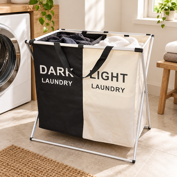 Panier à linge pliable 2 compartiments – Tri clair et foncé, structure aluminium et sacs en tissu