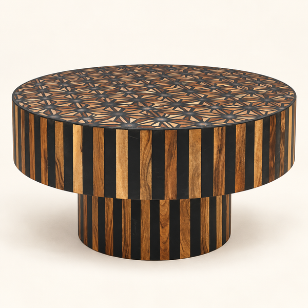 Table Basse Ronde en Marqueterie de Bois et Résine Noire, Plateau Géométrique Étoilé