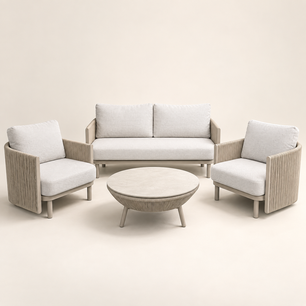 Salon de jardin 4 pièces – Canapé 2 places, 2 fauteuils et table basse ronde en corde tressée beige