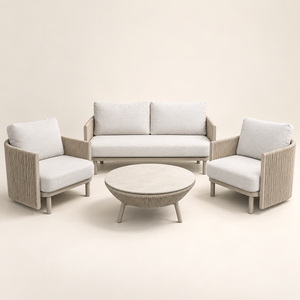 Salon de jardin 4 pièces – Canapé 2 places, 2 fauteuils et table basse ronde en corde tressée beige