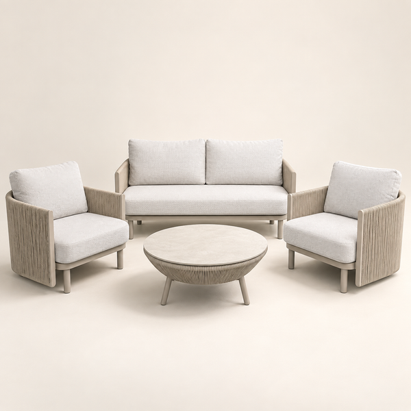 Salon de jardin 4 pièces – Canapé 2 places, 2 fauteuils et table basse ronde en corde tressée beige