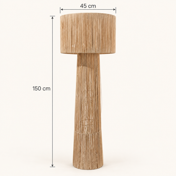 Lampadaire en Raphia Naturel, Pied Conique Ajouré et Grand Abat-jour Cylindrique