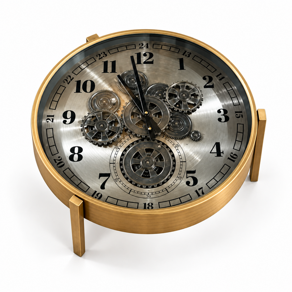 Table basse ronde horloge à engrenages – Structure dorée laiton brossé & plateau vitré