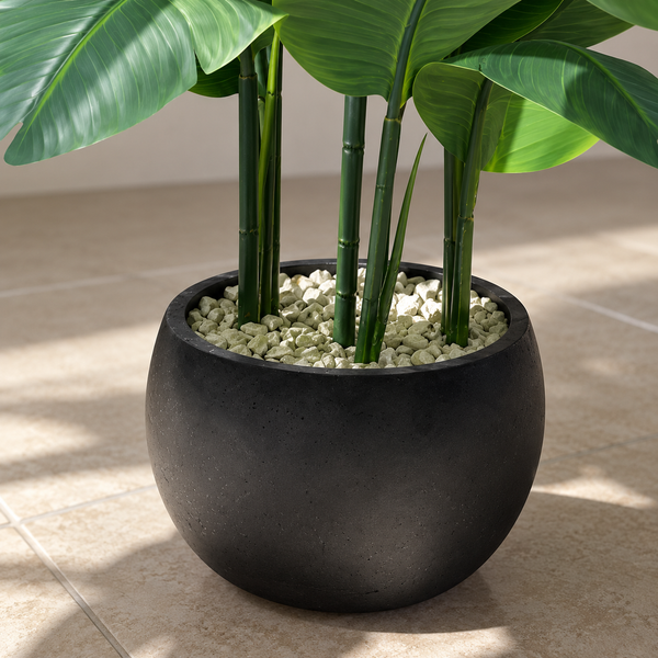 Plante Artificielle Strelitzia (Oiseau de Paradis) avec Pot Rond Noir Effet Béton