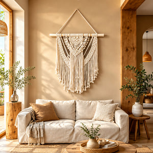 Macramé Mural Bohème en Coton Blanc Écru avec Barre en Bois