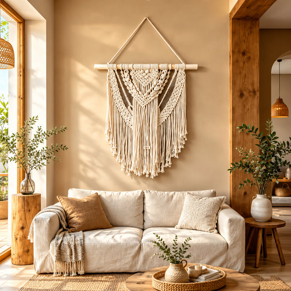 Macramé Mural Bohème en Coton Blanc Écru avec Barre en Bois