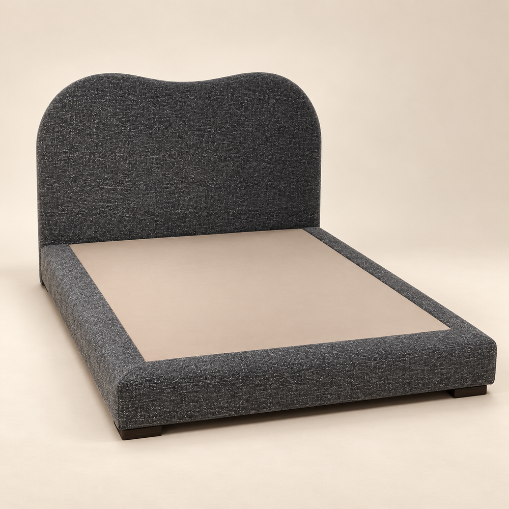Lit tapissé à tête de lit ondulée – Tissu chiné gris anthracite et cadre bas rembourré5