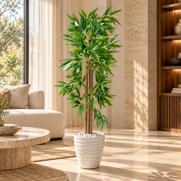 Bambou Artificiel Géant à Tiges Naturelles avec Pot Blanc Ondulé
