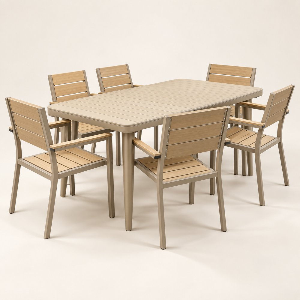 Salon de jardin 6 places – Table rectangulaire et 6 fauteuils en aluminium beige et lattes effet bois