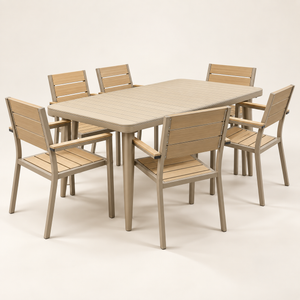 Salon de jardin 6 places – Table rectangulaire et 6 fauteuils en aluminium beige et lattes effet bois