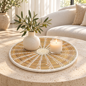 Panier de rangement rond tressé main – Fibres naturelles et broderie blanche, motif étoile