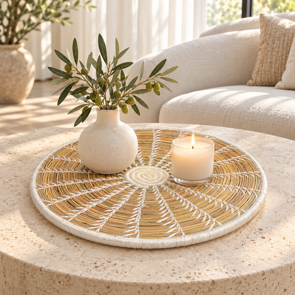 Panier de rangement rond tressé main – Fibres naturelles et broderie blanche, motif étoile