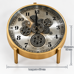 Table basse ronde horloge à engrenages – Structure dorée laiton brossé & plateau vitré