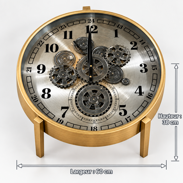 Table basse ronde horloge à engrenages – Structure dorée laiton brossé & plateau vitré