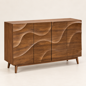 Buffet « Vagues » en bois noyer – 4 portes sculptées à motif ondulé