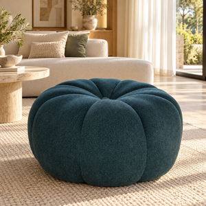 Pouf Citrouille Bleu Canard en Tissu Bouclé, Forme Arrondie à Quartiers