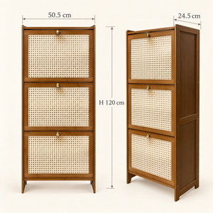 Meuble à chaussures 3 abattants – Structure en bois foncé et façades en cannage rotin