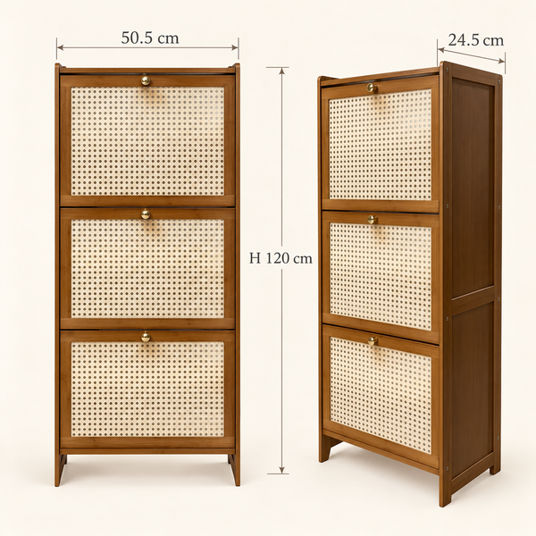 Meuble à chaussures 3 abattants – Structure en bois foncé et façades en cannage rotin