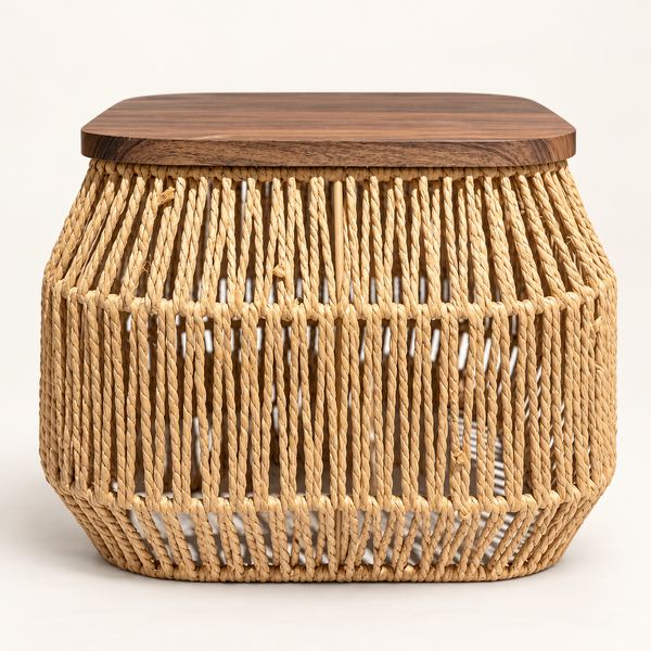 1791041040362_image.png Table basse « Raphia » en corde tressée – Plateau carré en bois effet noyer