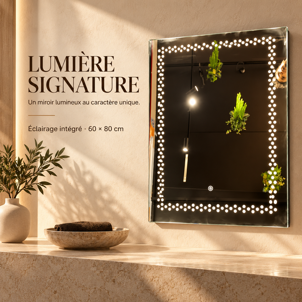 Miroir mural rectangulaire LED – Cadre lumineux à points, style moderne et hollywoodien