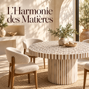 Table Basse Ronde en Marqueterie Bois et Résine Blanche, Motif Géométrique Étoilé et Pied Cylindrique Rayé
