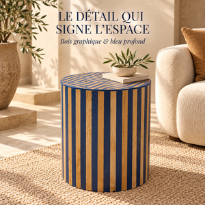 Table d'Appoint Cylindrique en Bois de Chêne et Laque Bleu Roi, Plateau Géométrique