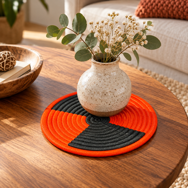 Panier de rangement rond tressé main – Fil orange et gris anthracite, motif graphique en spirale