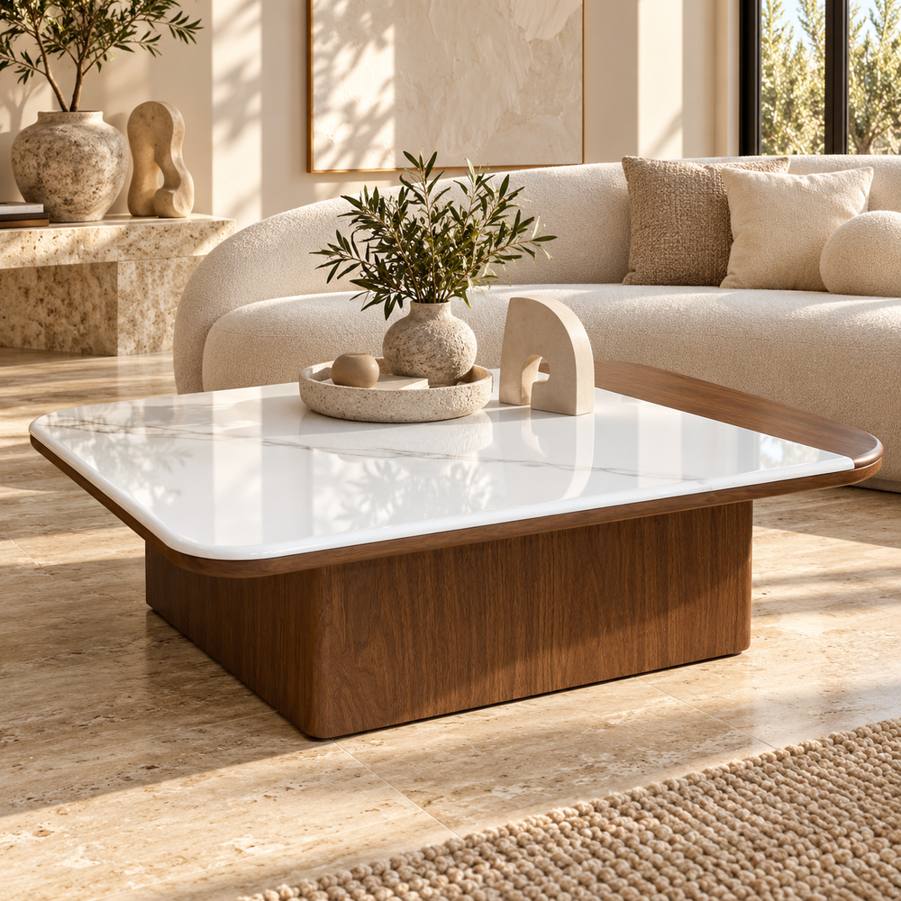 Ensemble de tables basses gigognes – Noyer et plateaux bicolores effet marbre blanc