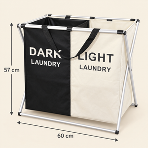 Panier à linge pliable 2 compartiments – Tri clair et foncé, structure aluminium et sacs en tissu