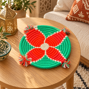 Panier de rangement rond tressé main – Fil vert, rouge et écru, pompons multicolores