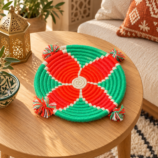 Panier de rangement rond tressé main – Fil vert, rouge et écru, pompons multicolores