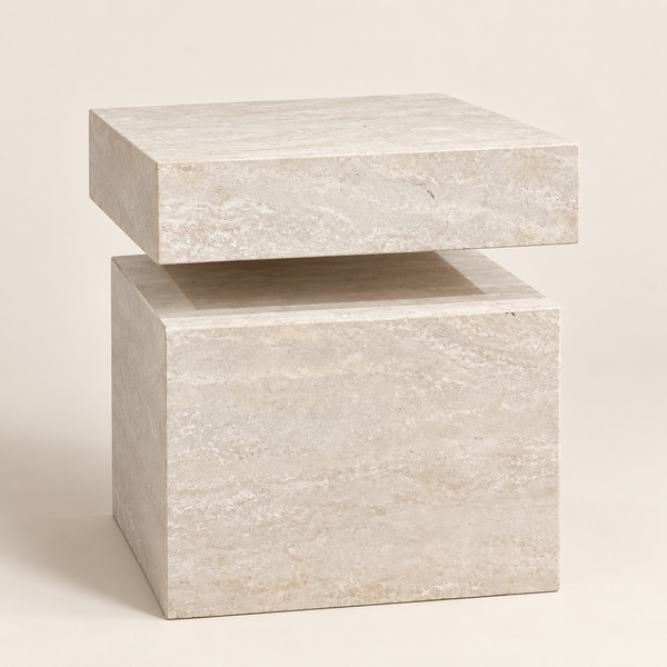 Table de chevet « Cube » en pierre effet travertin – Design géométrique à blocs décalés