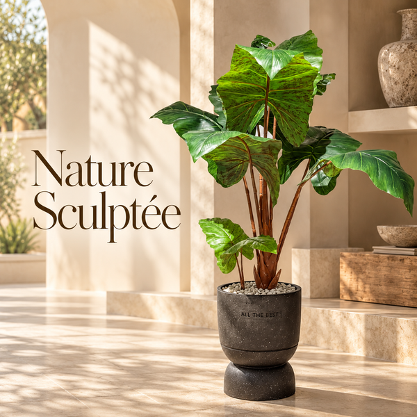 Plante Artificielle Alocasia à Grandes Feuilles Tachetées avec Pot Noir Effet Pierre sur Pied