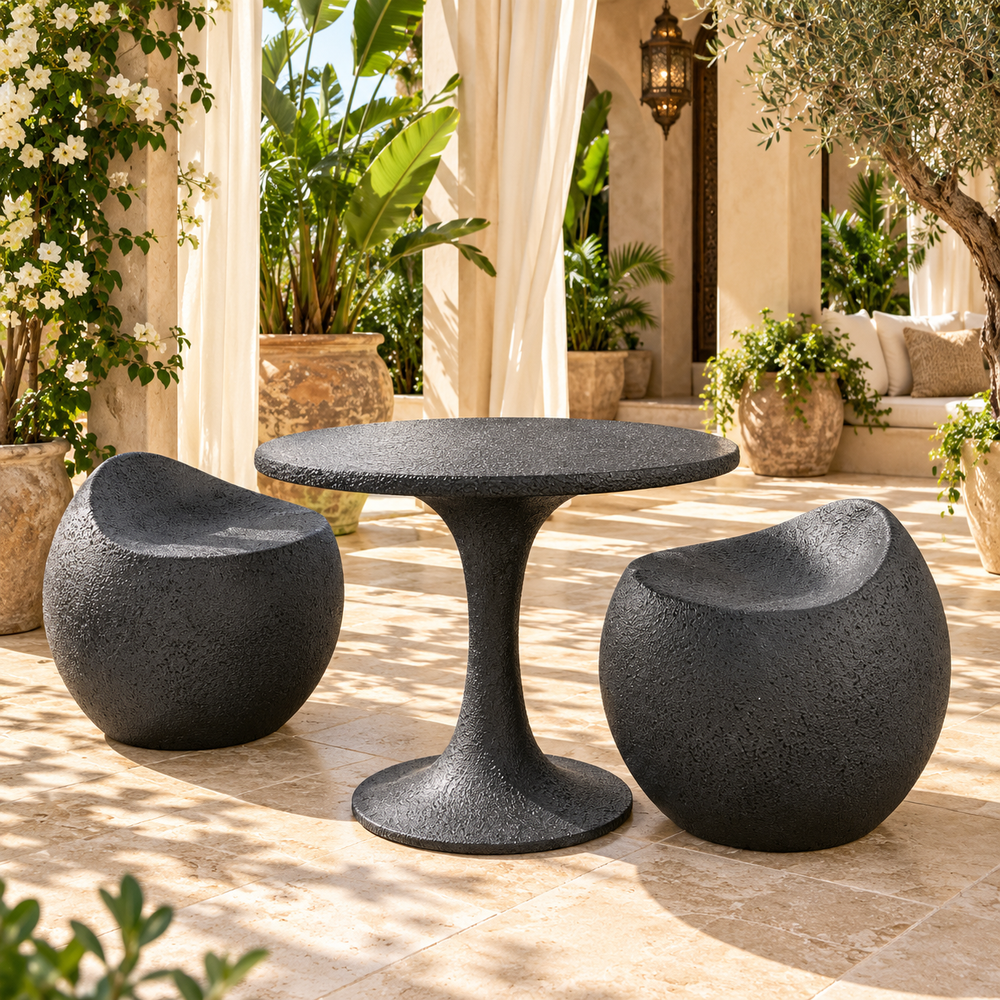 Ensemble bistrot 2 places – Table ronde tulipe et 2 fauteuils galets en finition texturée anthracite