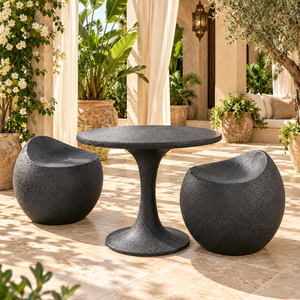 Ensemble bistrot 2 places – Table ronde tulipe et 2 fauteuils galets en finition texturée anthracite