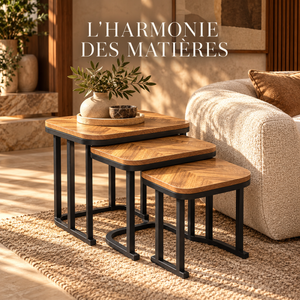Set de 3 tables gigognes – Plateaux effet bois à chevrons et structure en métal noir
