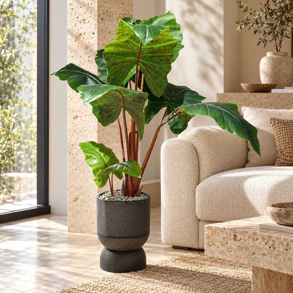 Plante Artificielle Alocasia à Grandes Feuilles Tachetées avec Pot Noir Effet Pierre sur Pied