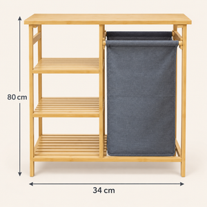 Meuble rangeage 2 en 1 en bambou – Étagère 3 niveaux et panier à linge en tissu gris