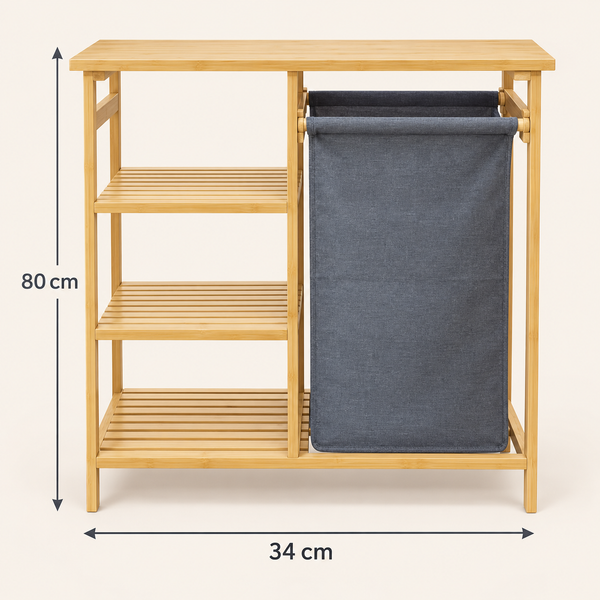 Meuble rangeage 2 en 1 en bambou – Étagère 3 niveaux et panier à linge en tissu gris