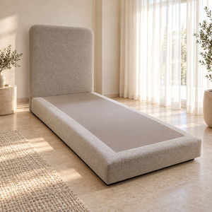 Lit Simple 1 Place Taupe en Tissu Bouclé, Tête de Lit Haute aux Angles Arrondis