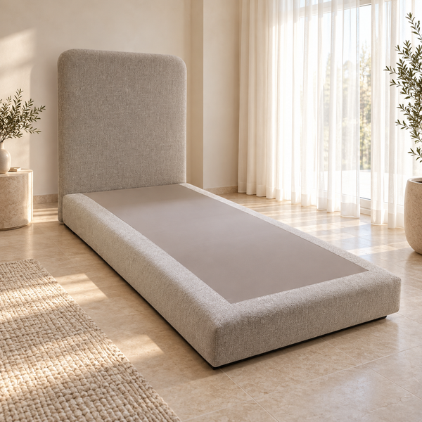 Lit Simple 1 Place Taupe en Tissu Bouclé, Tête de Lit Haute aux Angles Arrondis