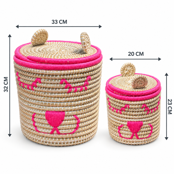 Set de 2 paniers de rangement ourson avec couvercle, fibres naturelles et fil rose vif, pour chambre d'enfant