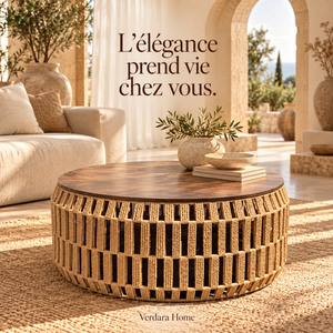 Table basse ronde « Raphia » en corde tressée – Plateau rond en bois effet noyer