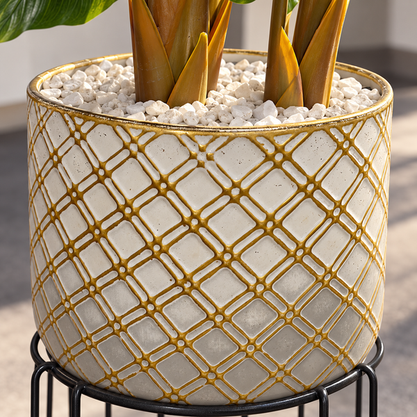 Plante Artificielle Tropicale à Grandes Feuilles avec Pot Céramique Doré et Support Métal Noir