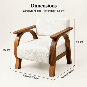Fauteuil contemporain en bouclé blanc cassé et bois foncé