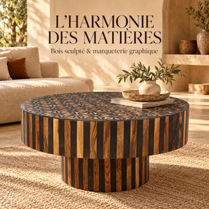 Table Basse Ronde en Marqueterie de Bois et Résine Noire, Plateau Géométrique Étoilé