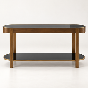 Console « Élysée » ovale en bois et laiton – Plateaux en verre noir, double niveau